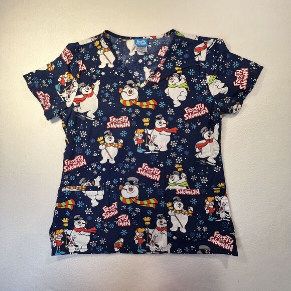 Women’s Frosty The Snowman Scrub Top Xtra Small V-Neck Pockets Blue Snowflakes - Picture 2 of 7